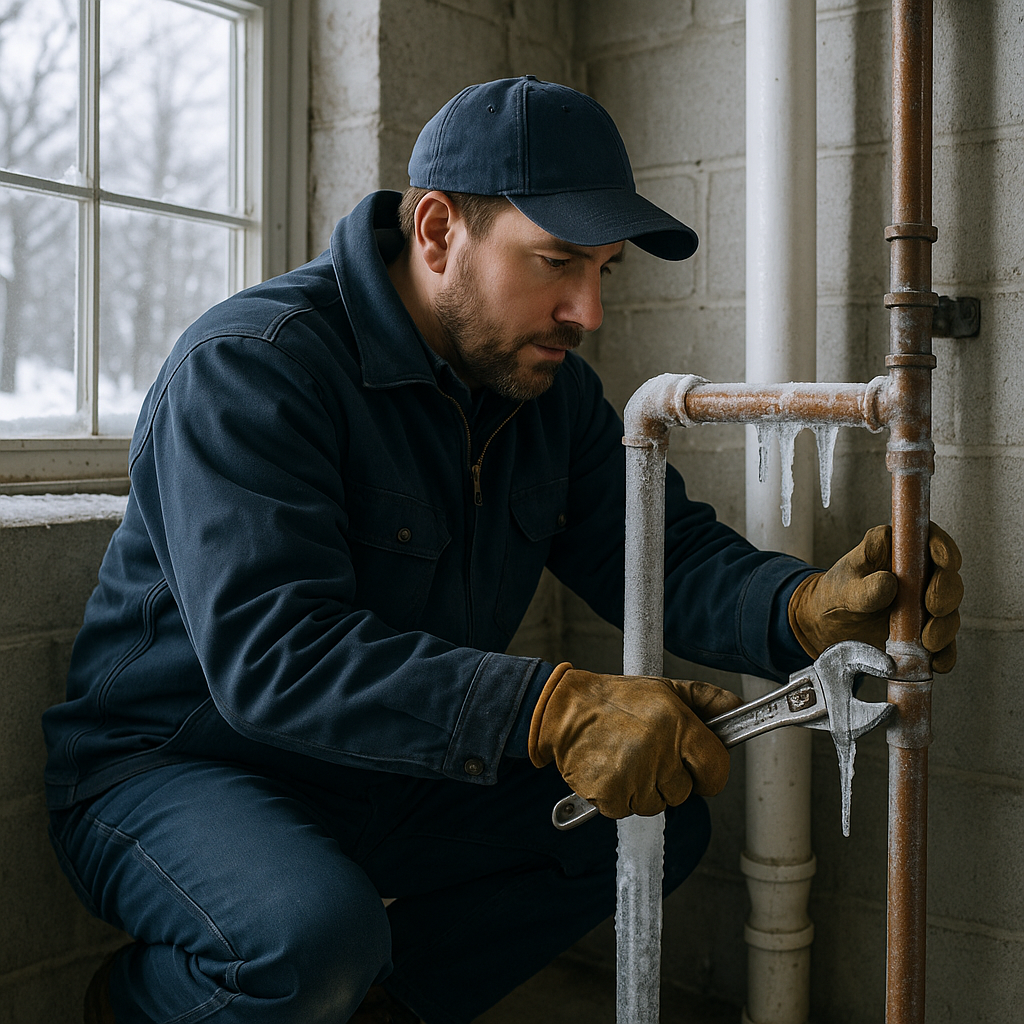 Plumber fixing frozen pipe in Illinois home during winter